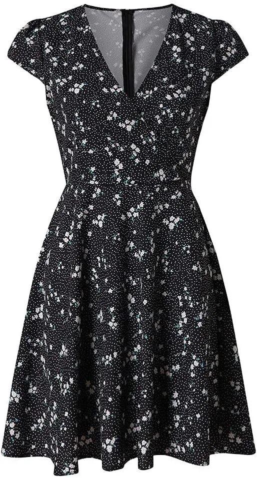 Women's V Neck Short Sleeve Ruffle Flowy Mini Dress Floral Print Short A Line Dresses