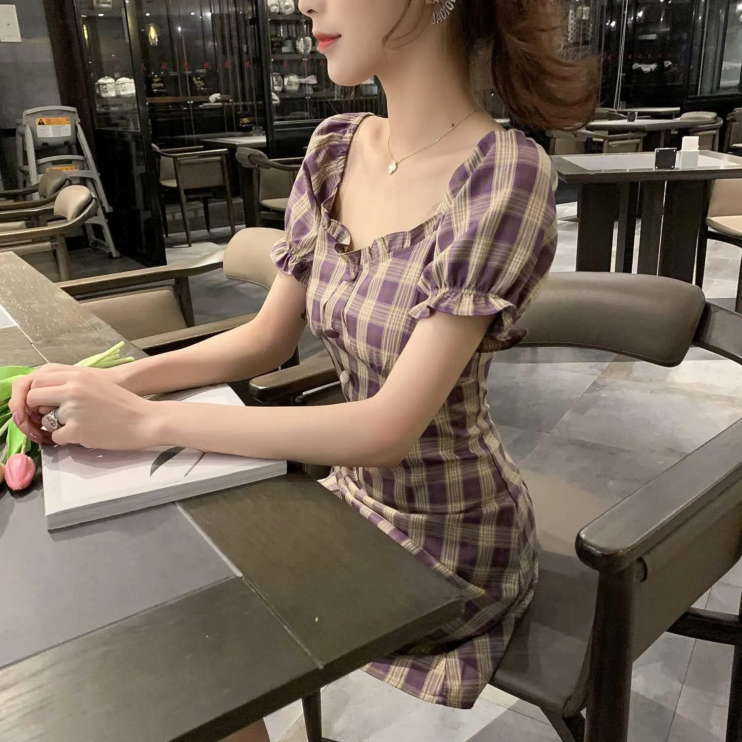 Women's Vintage Short Sleeve Ruffle Flowy Mini Dress Plaid Short A Line Dresses