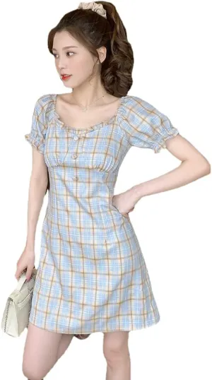 Women's Vintage Short Sleeve Ruffle Flowy Mini Dress Plaid Short A Line Dresses