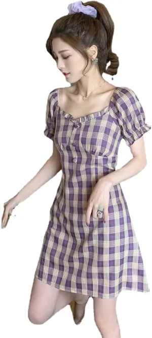 Women's Vintage Short Sleeve Ruffle Flowy Mini Dress Plaid Short A Line Dresses