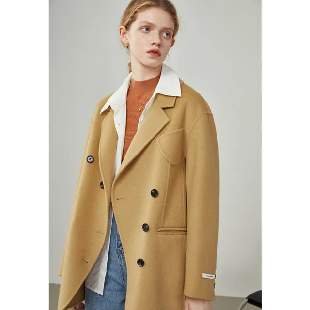 Women's Winter Black Double-sided Woolen Coat Asymmetrical Placket Design Cashmere Coats Women Camel Color Jackets