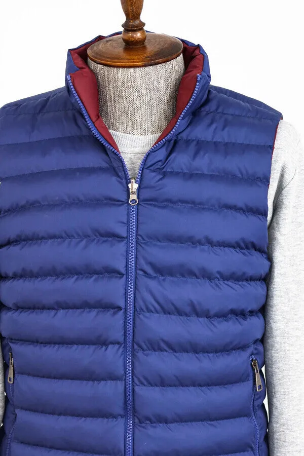 WSS Reversible Quilted Standing Collar Indigo Blue Men Down Vest  - Singen