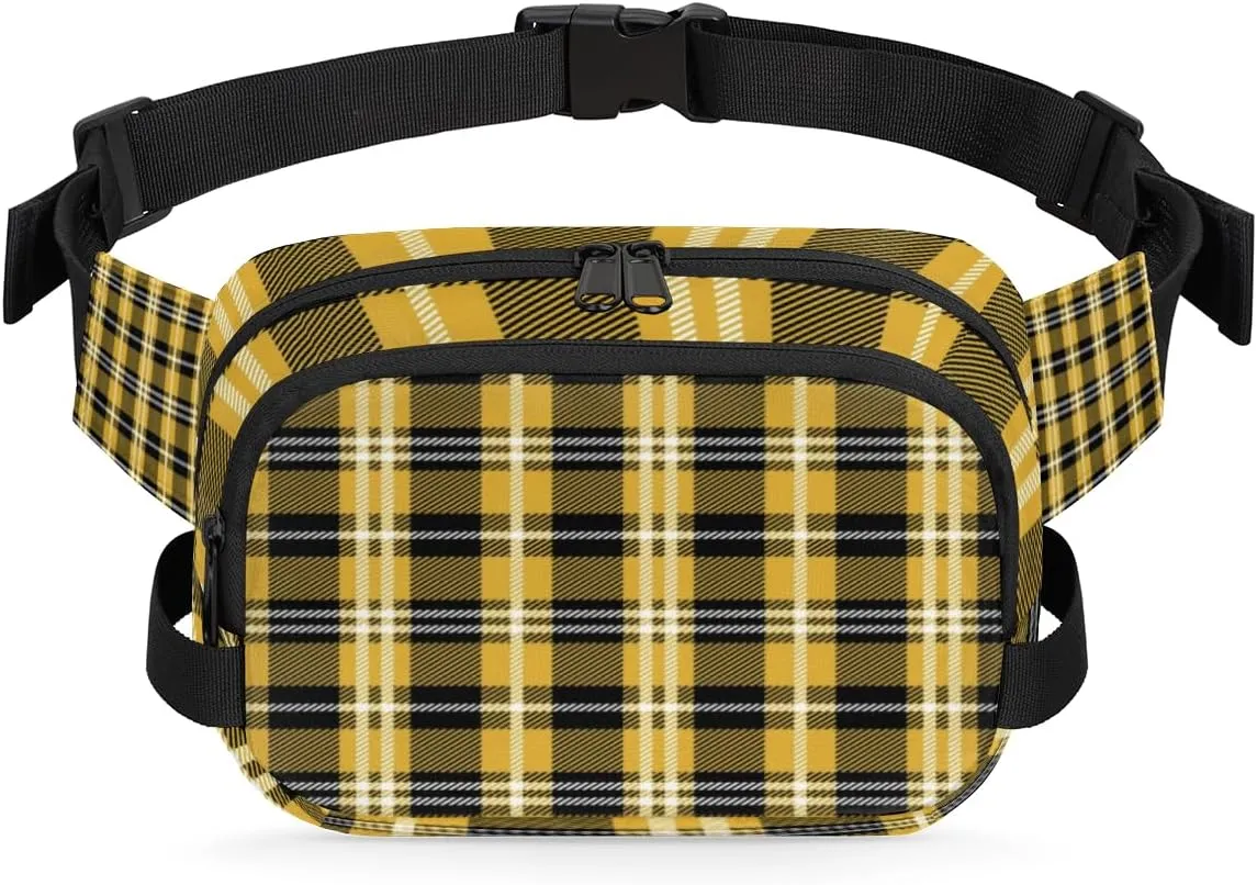 Yellow Black Plaid Fanny Pack Crossbody Bags for Women Men Waist Packs Hip Bum Bag Cross Body Fanny Pack with Adjustable Strap for Running Hiking Travel