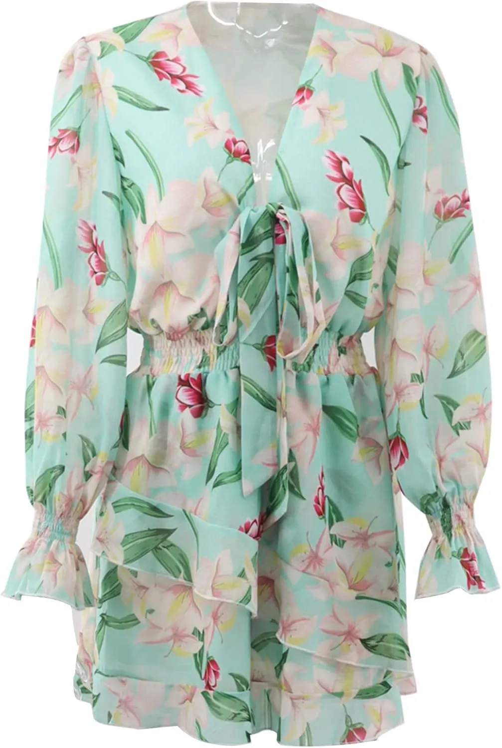 Yimoon Women's Long Sleeve Jumpsuit Floral Print V Neck Waist Tie Double Layer Ruffle Hem Short Mini Dress Romper