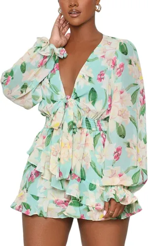 Yimoon Women's Long Sleeve Jumpsuit Floral Print V Neck Waist Tie Double Layer Ruffle Hem Short Mini Dress Romper