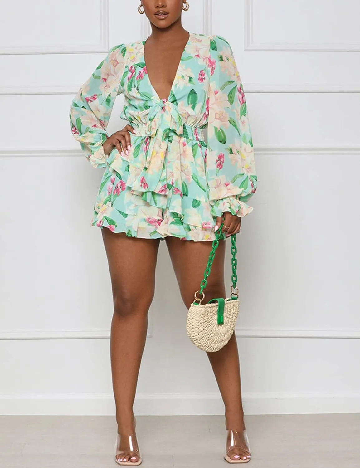 Yimoon Women's Long Sleeve Jumpsuit Floral Print V Neck Waist Tie Double Layer Ruffle Hem Short Mini Dress Romper