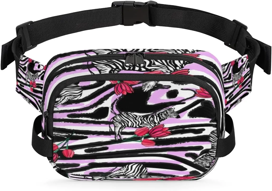 Zebra Tulip Fanny Packs for Women Men Fashion Waist Packs Belt Bag Water-resistant Crossbody Bag Animal Print Waist Pouch Waist Pack Hip Bum Bag for Hiking Casual Travel Cycling